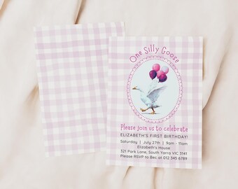 Invitación editable de One Silly Goose / Fiesta de primer cumpleaños / Descarga digital / Cuadros rosas / Plantilla Canva / Primera invitación / Hazlo tú mismo / Imprimible