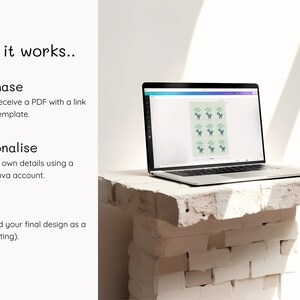 May include: A laptop computer displaying a Canva design template with a blue and green illustration of a dog. The design template is for printable labels. The laptop is on a white brick surface.