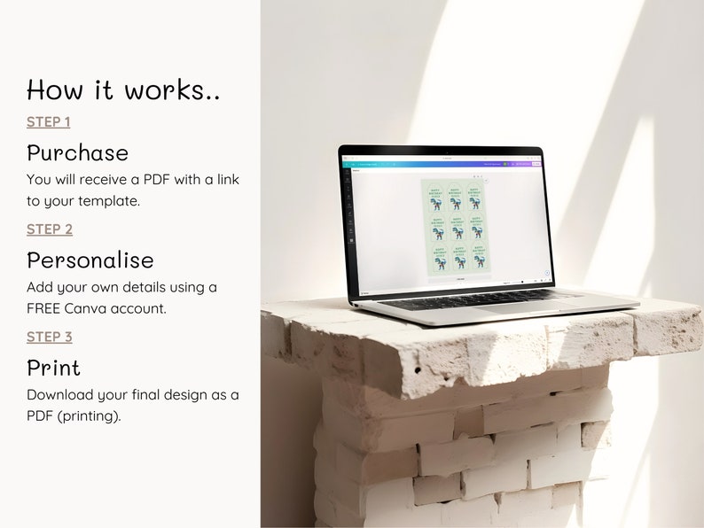 May include: A laptop computer displaying a Canva design template with a blue and green illustration of a dog. The design template is for printable labels. The laptop is on a white brick surface.