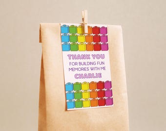 Etiqueta editable para obsequios de fiesta de bloques / Descarga digital / Bloques de construcción para cumpleaños / Plantilla de Canva / Cumpleaños rosa para niñas / Etiqueta de obsequio / Bolsa de dulces