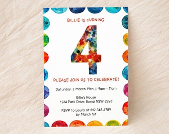 Invitación editable para el cuarto cumpleaños / Descarga digital instantánea / Número cuatro / Invitación de género neutro / Plantilla Canva DIY / Fiesta infantil de 4.º cumpleaños