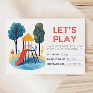 編集可能なプレイデート カード | インスタント デジタル ダウンロード | 公園でキャッチアップ | Canva テンプレート | DIY 印刷可能 | キッズ ホリデー コンタクト カード | 遊び場