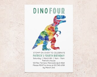 Dino Four Invite | Instant Digital Download | Fourth Birthday | Editable Invitation | T-Rex Dinosaur Party | 4th Bday | Canva Template