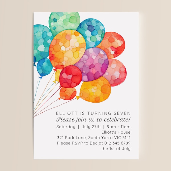 Balloons Invitation | Instant Download | Balloon Invite | Digital Birthday | Editable Canva Template | Kids Bday Party | Children's Event