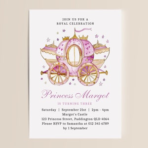 Prinses vervoer uitnodigen | Direct digitaal downloaden | Kinderverjaardagsevenement | Bewerkbare verjaardagsuitnodiging voor feest | Canva-sjabloon | Koninklijke Hoogheid