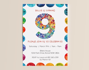 Invitación editable para el noveno cumpleaños / Descarga digital instantánea / Número nueve 9 / Invitación de género neutro / Plantilla Canva DIY / Fiesta infantil de noveno cumpleaños