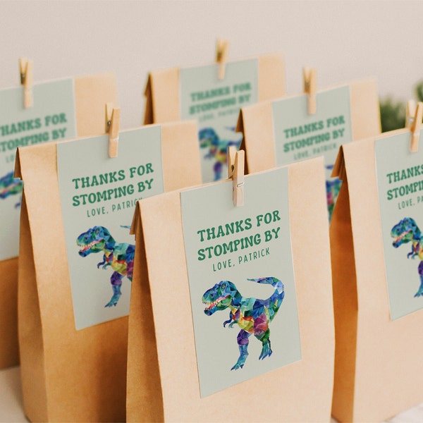 Thanks For Stomping By Party Favour Label | Instant Digital Download | Dino Birthday | Editable Tag | T-Rex Dinosaur Bday | Canva Template