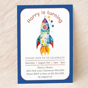 May include: A blue and white birthday invitation with a cartoon rocket ship and stars. The text reads "Harry is turning 6" and includes details about the party, including the date, time, and location.