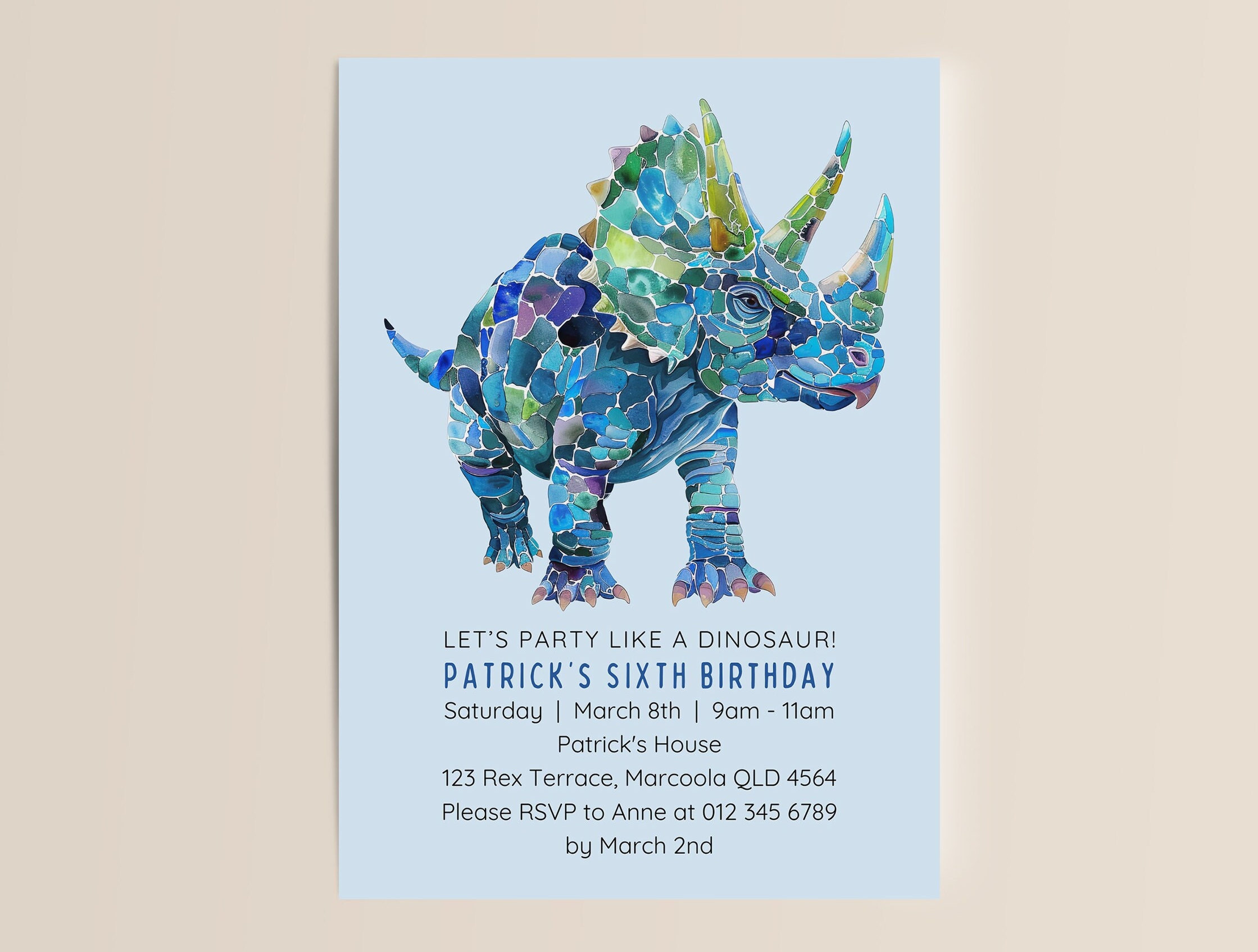 Blue Triceratops Invite | Instant Digital Download | Dino Birthday Event | Editable Bday Invitation | Party Like a Dinosaur | Canva Template