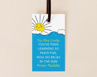 Etiqueta de regalo editable para profesores al final del curso escolar / Etiqueta de detalle / Descarga digital / Detalle de agradecimiento / Plantilla Canva / Diversión veraniega bajo el sol