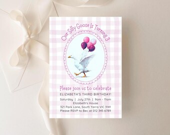 Invitación editable de Nuestro Ganso Tonto / Invitación electrónica para fiesta de cumpleaños / Descarga digital / Cuadros rosas / Plantilla Canva / Invitación para niños / Imprimible DIY