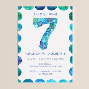 Editable 7th Birthday Invitation | Instant Digital Download | Blue Dot Number 7 | Seven | Boys Invite | Canva Template | Seventh Bday Party