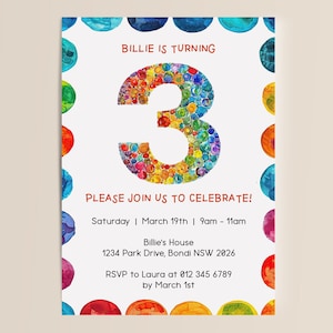 Faire-part troisième anniversaire MODIFIABLE | Téléchargement numérique instantané | Numéro trois 3 | Invitation non sexiste | Modèle de toile de bricolage | Tiers pour enfants