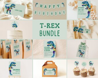 Paquete de dinosaurios editables / Descarga digital instantánea / Set de cumpleaños infantil / Plantilla Canva para niños / T-Rex / Decoraciones DIY para fiestas de cumpleaños de dinosaurios