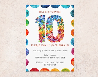 Invitación editable para décimo cumpleaños / Descarga digital instantánea / Número diez / Invitación de género neutro / Plantilla Canva DIY / Fiesta infantil de décimo cumpleaños