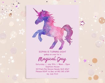 Invitación de unicornio de acuarela editable / Descarga digital / Fiesta de niñas Evite / Invitación de cumpleaños / Plantilla Canva / Celebración de cumpleaños mágica