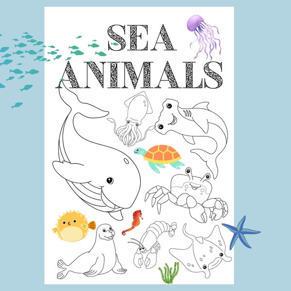 SEA ANIMALS Coloring 20 pages for kids, Simple coloring page, Ocean animal theme, Homeschool printable kindergarten