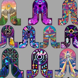 May include: A set of nine colorful stickers featuring a stylized letter A with different designs. The stickers are perfect for decorating laptops, water bottles, and other surfaces. The stickers feature a variety of designs, including a sunset, a galaxy, and a record player. The stickers are all in a vibrant color palette and are sure to add a touch of personality to any surface.