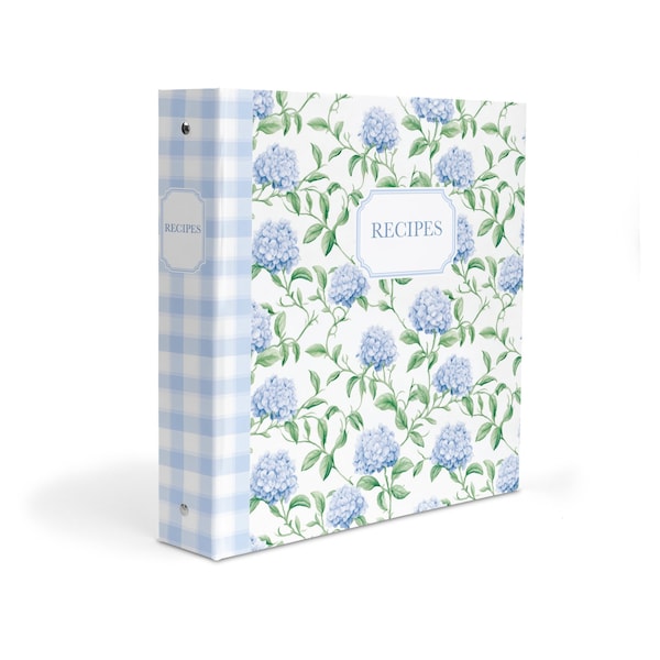 Hydrangea Recipe Binder, Personalized 3-Ring Kitchen Organizer with Floral & Gingham Design - Ideal for Bridal Shower and Birthday Gifts