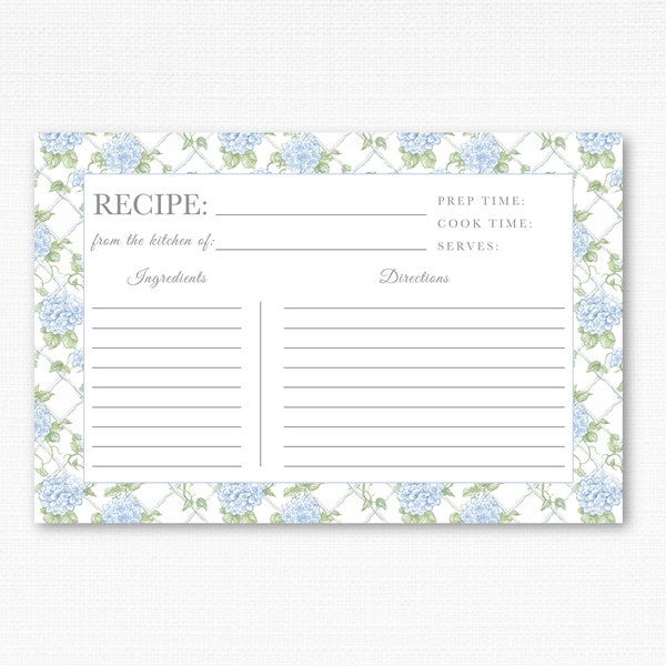 Blue Hydrangea Recipe Cards, 4x6 Floral Design - Ideal for Recipe Binders, Family Cookbooks, or Preserving Family Recipes