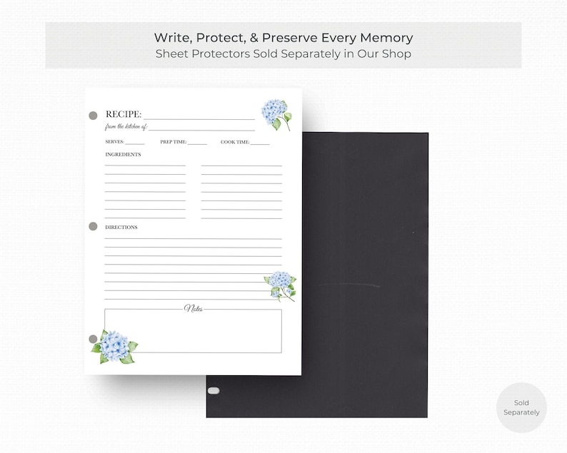Blue Hydrangea Recipe Binder Pages – Floral 3-Ring Inserts for Bridal Shower Recipe Books, Custom Cookbooks & Handwritten Family Recipes Bild 5