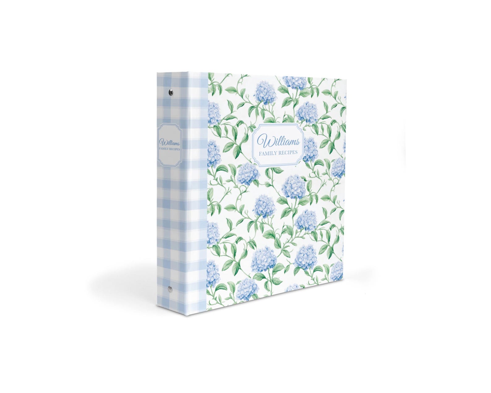 Personalized Recipe Binder – Hydrangea Family Recipe Book with Blue Floral & Gingham Design for Bridal Shower, Wedding or Housewarming Gifts
