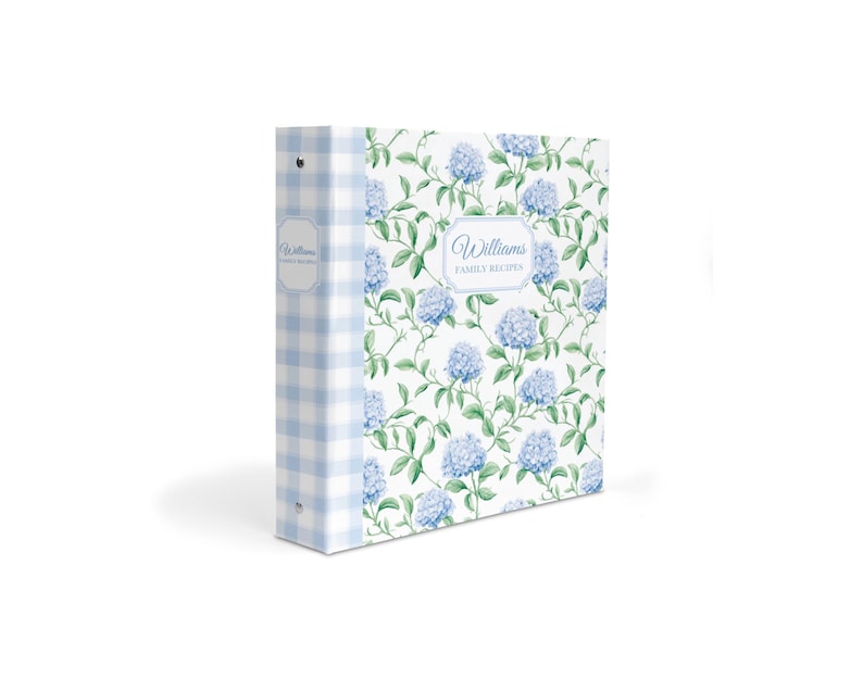 Personalized Hydrangea Recipe Binder, 3-Ring Kitchen Organizer with Blue Floral & Gingham Design for Bridal Shower and Birthday Gifts