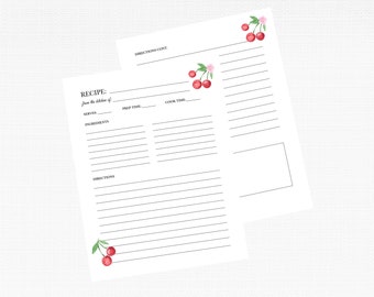 Cherry Recipe Binder Pages for 3-Ring Binders, Handwritten Family Recipe Books, Or Bridal Shower Gifts