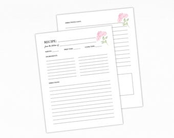Light Pink Hydrangea Recipe Binder Pages, Floral Recipe Card Paper for Handwritten Family Recipe Books and Custom Cookbooks