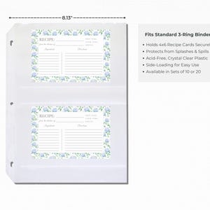 Protectores para tarjetas de recetas / Fundas transparentes de 4x6 para carpetas estándar de 3 anillas / Las hojas protegen las recetas familiares y los recuerdos. imagen 3