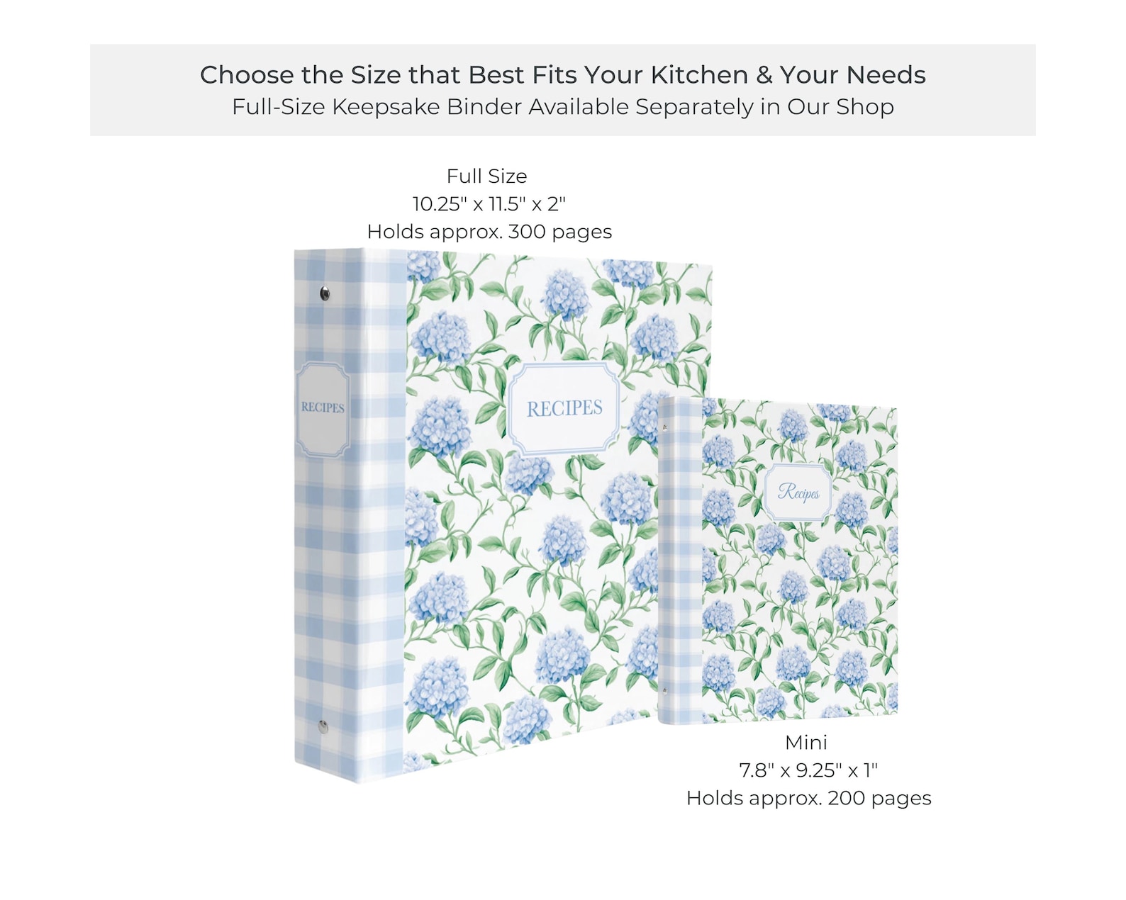 Blue Hydrangea Mini Recipe Binder – Small Floral & Gingham Cookbook for Family Recipes, Bridal Showers, and Gifts