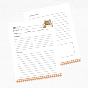 May include: Printable recipe card template with a Thanksgiving theme. The card features a watercolor illustration of a turkey, pumpkins, and fall foliage. The card has sections for recipe title, serving size, prep time, cook time, ingredients, and directions.