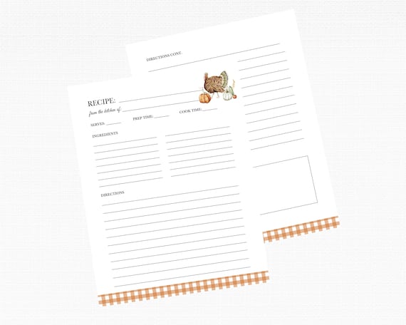 Turkey Recipe Binder Pages - Fall Notebook Paper - Ideal for Preserving Handwritten Thanksgiving Recipes & Creating Custom Cookbooks, 8.5x11