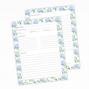Recipe Binder Pages - Blue Hydrangea Family Recipe Book Inserts for Handwritten Recipes, Heirloom Cookbook Keepsake Gift for Mom and Grandma