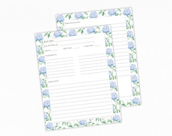 Recipe Binder Pages - Blue Hydrangea Family Recipe Book Inserts for Handwritten Recipes, Heirloom Cookbook Keepsake Gift for Mom and Grandma