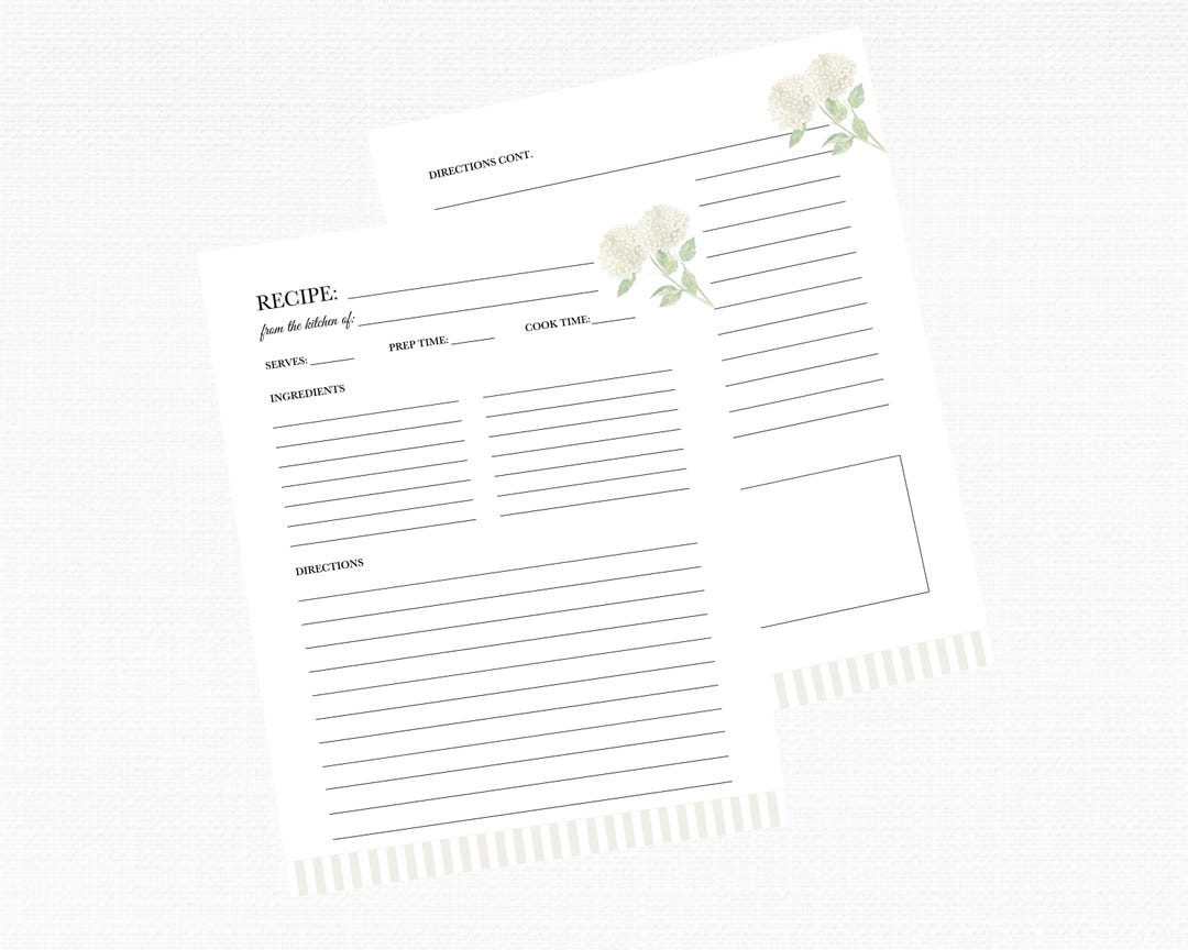 Cream Hydrangea Recipe Binder Pages - Ideal for Preserving Handwritten ...