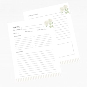Cream Hydrangea Recipe Binder Pages - Ideal for Preserving Handwritten Recipes, 3 Ring Recipe Binders, Notebooks & Custom Cookbooks, 8.5x11