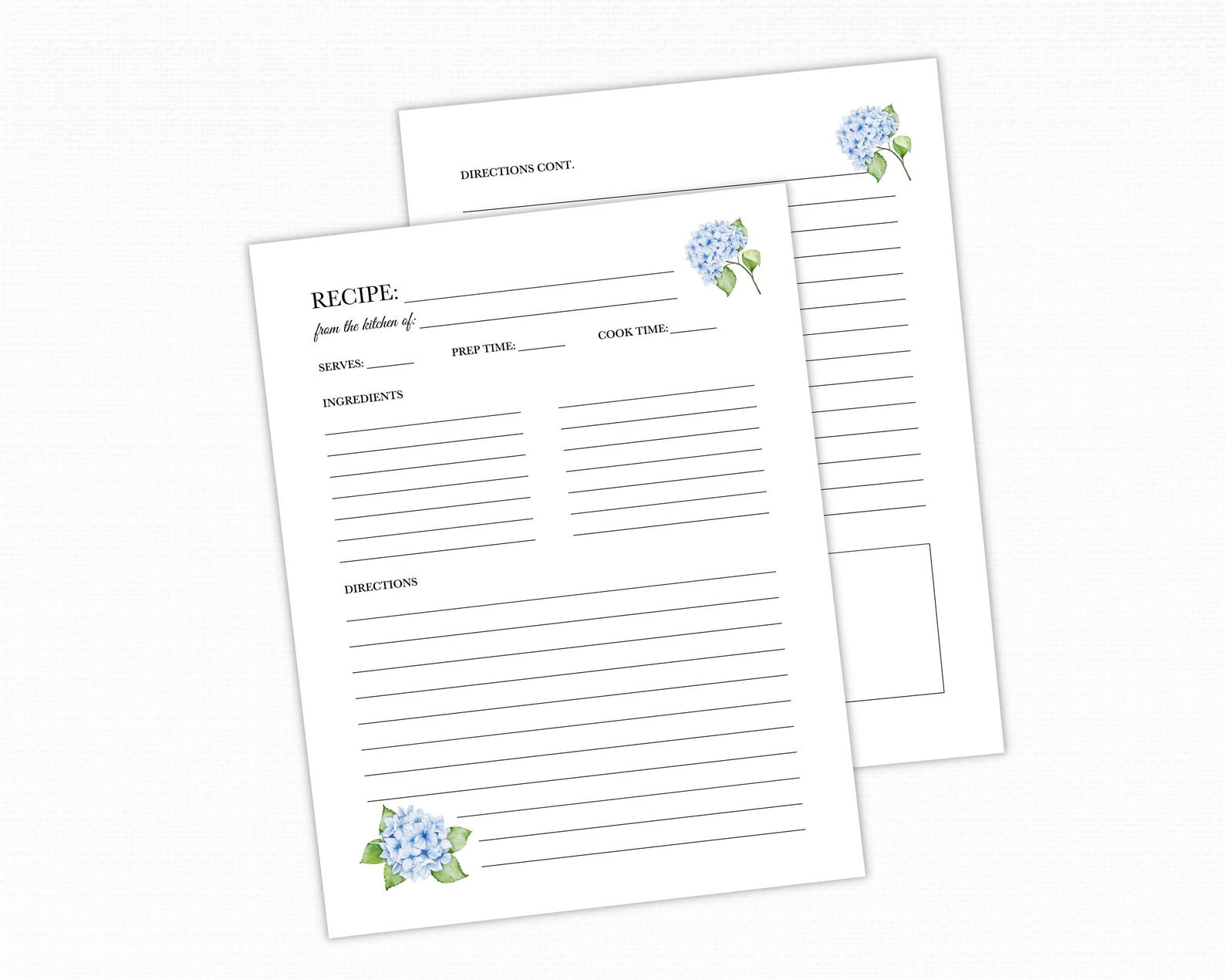 Blue Hydrangea Recipe Binder Pages – Floral 3-Ring Inserts for Family Cookbooks & Handwritten Recipes