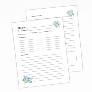 Blue Hydrangea Recipe Binder Pages – Floral 3-Ring Inserts for Bridal Shower Recipe Books, Custom Cookbooks & Handwritten Family Recipes Bild 1