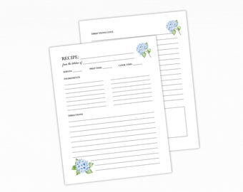 Blue Hydrangea Recipe Binder Pages – Floral 3-Ring Inserts for Bridal Shower Recipe Books, Custom Cookbooks & Handwritten Family Recipes
