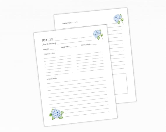 Blue Hydrangea Recipe Binder Pages – Floral 3-Ring Inserts for Family Cookbooks & Handwritten Recipes