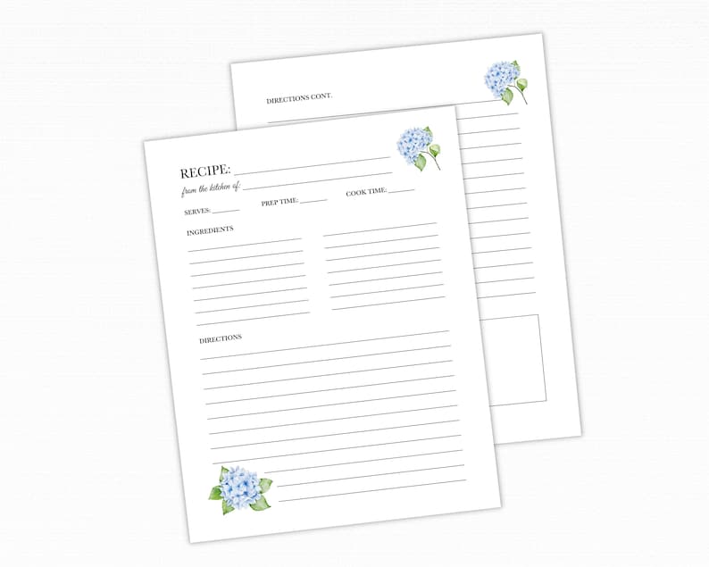 Blue Hydrangea Recipe Binder Pages – Floral 3-Ring Inserts for Bridal Shower Recipe Books, Custom Cookbooks & Handwritten Family Recipes Bild 1