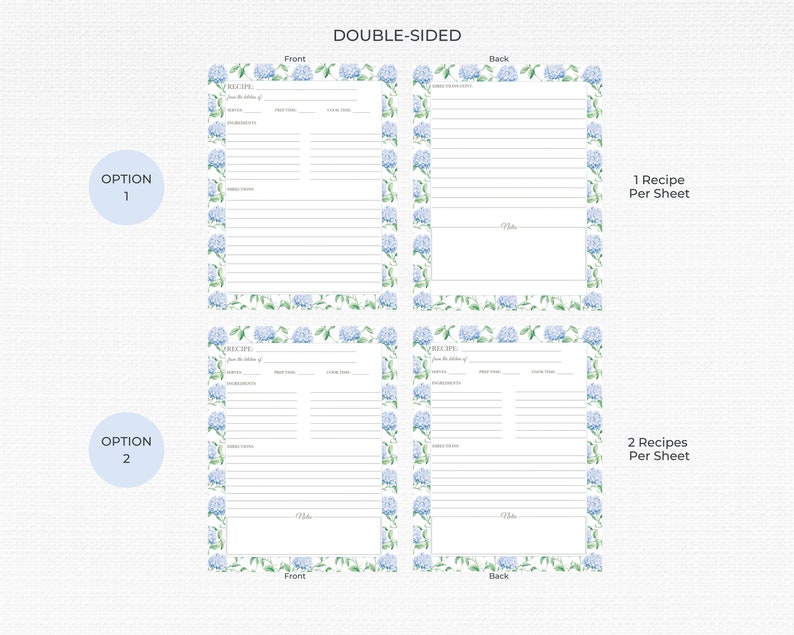 Blue Hydrangea Recipe Pages - Ideal for Preserving Handwritten Recipes, 3 Ring Binders, Notebooks & Custom Cookbooks, Gift for Bride or Mom