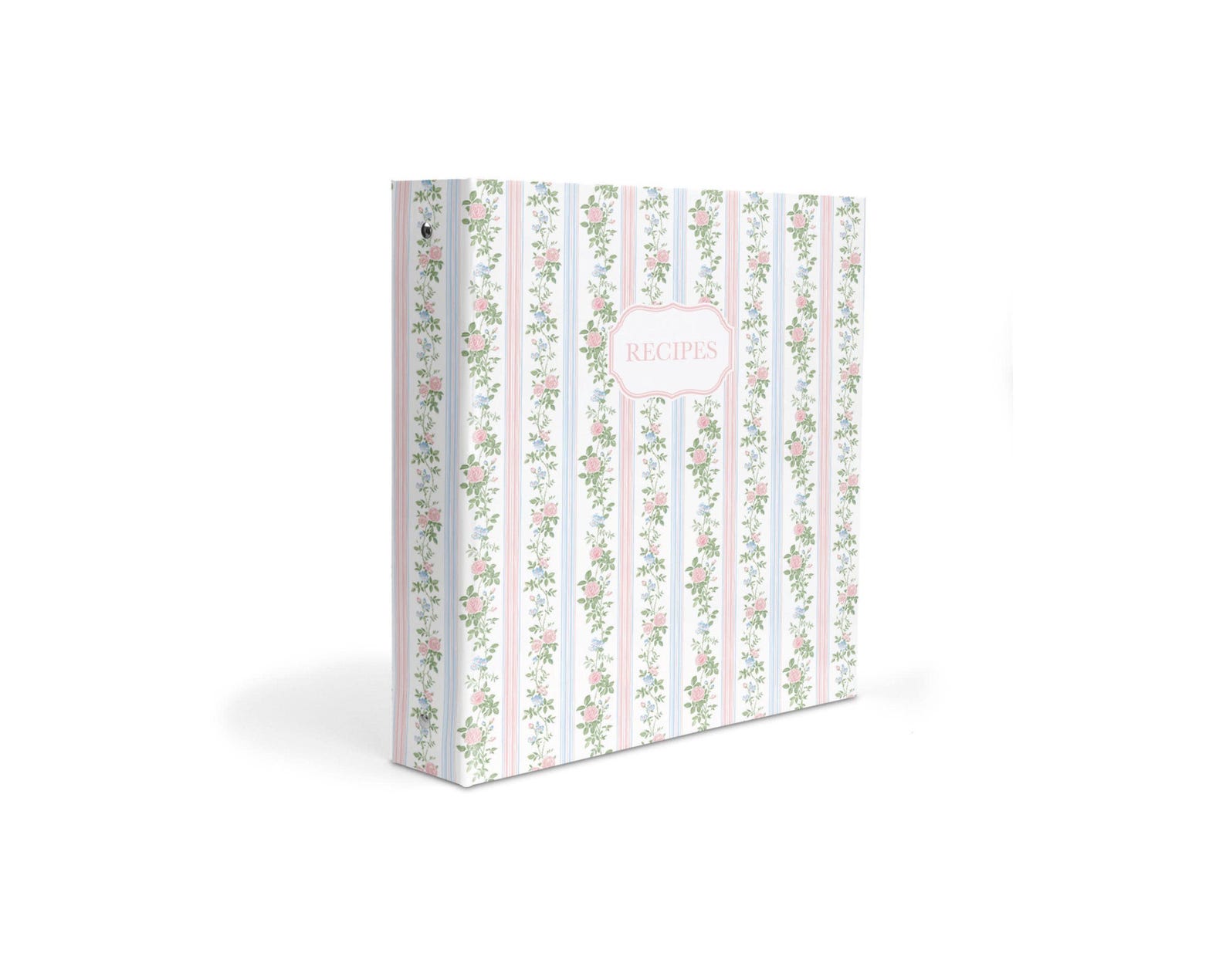 Personalized Rose Trellis Recipe Binder, 3 Ring Kitchen Notebook with Pink & Blue Floral Design - Ideal for Bridal Shower and Birthday Gifts - Personalized Title, Matching Pages+Tabs