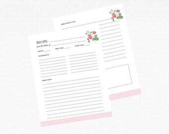 Recipe Binder Pages, Strawberry Recipe Paper, Recipe Binder Filler Pages, Recipe Sheets