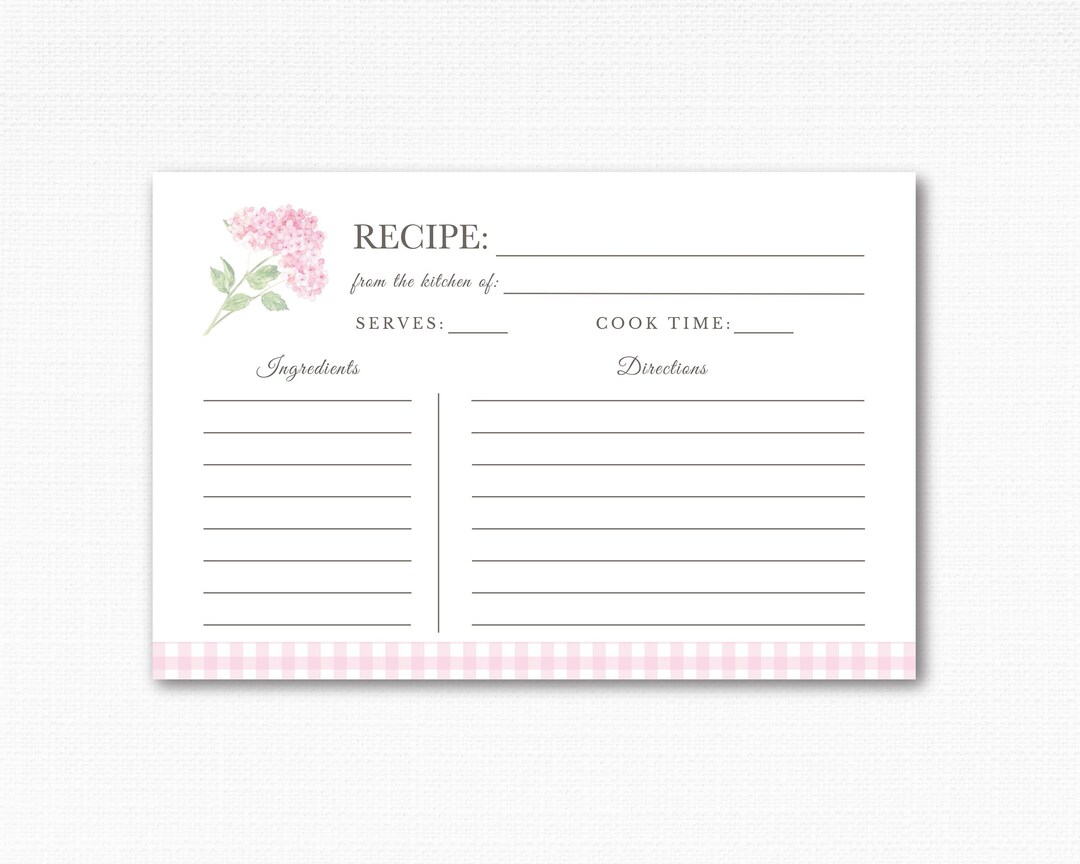 Pink Hydrangea Recipe Cards, Floral &amp; Gingham is Ideal for Recipe Boxes ...