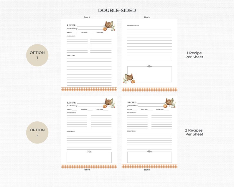 May include: Printable recipe cards with a Thanksgiving theme. The cards feature a watercolor illustration of a turkey with pumpkins and fall leaves. The cards are double-sided and have space for the recipe name, ingredients, directions, and notes. The text on the cards reads "Recipe from the kitchen of" and "Notes".