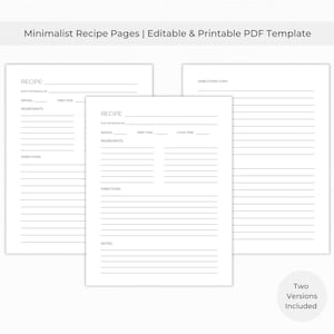 Editable PDF Recipe Pages -Printable 8.5x11 Minimalist Template for Recipe Binders and Custom Cookbooks