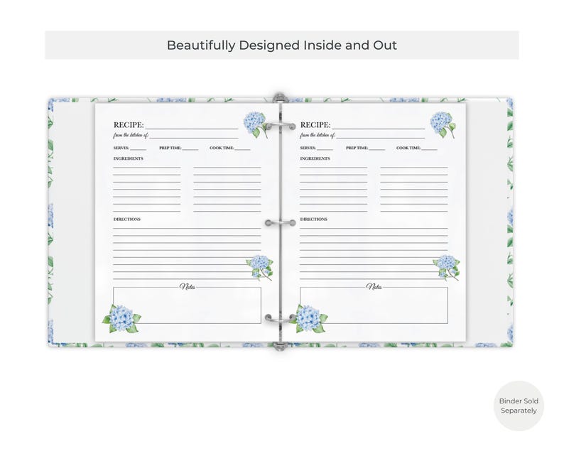 Blue Hydrangea Recipe Binder Pages – Floral 3-Ring Inserts for Bridal Shower Recipe Books, Custom Cookbooks & Handwritten Family Recipes Bild 4