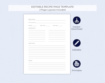 Editable PDF Recipe Pages -Printable 8.5x11 Minimalist Template for Recipe Binders and Custom Cookbooks